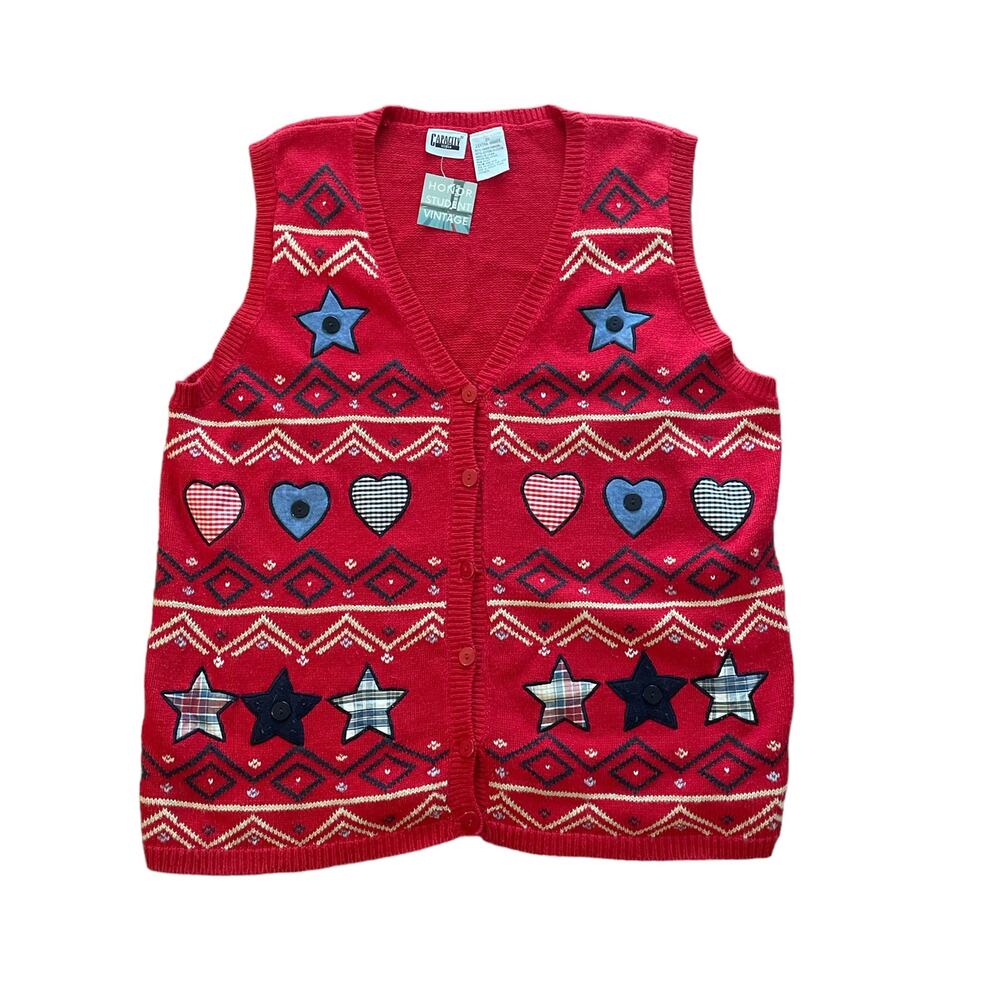 1990s VTG Capacity Red Heart Star Patterned Chunky Knit Cardigan Vest Size 2X